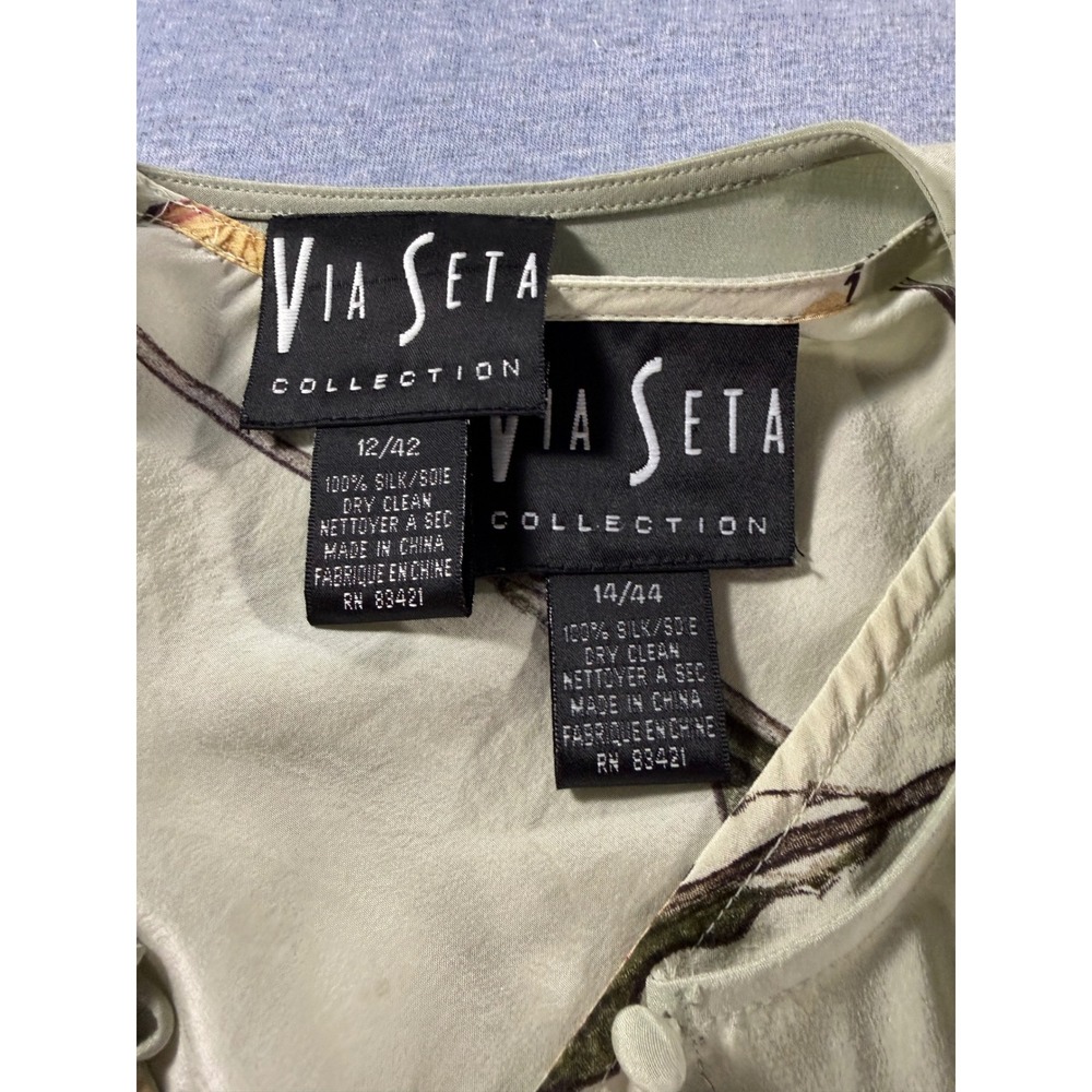Via Seta Collection Silk 2 Piece Set Cardigan Blouse Sage Green Floral 12 14 - Picture 3 of 12